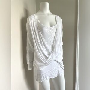 M Made in Italy WHITE Criss Cross Drape Front Silk Blend Blouse Size Large